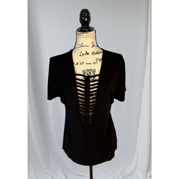 Red by BKE Women’s L Lattice Front Short Sleeve Tee Black - Picture 1 of 7